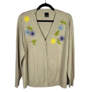 Aaeda Neutral Floral Embroidered Button Front Cardigan Sweater XL Cream